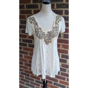 Y2K 'Daytrip' Beaded Embroidered & Lace Tunic Top- Ivory- Boho VTG USA- Sz Small